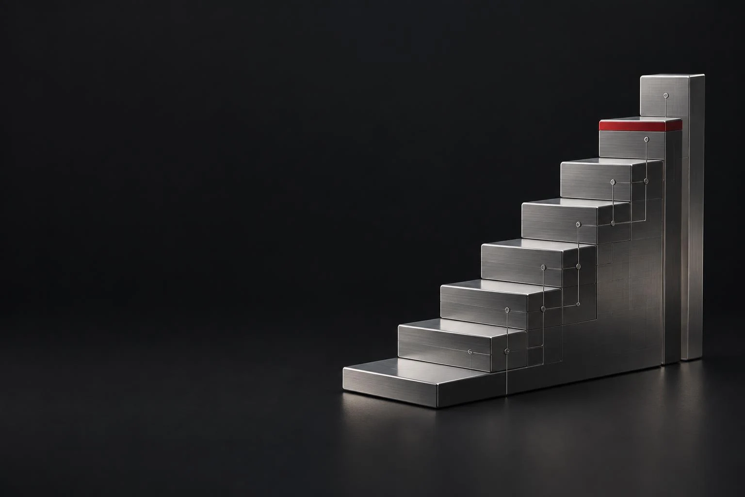 Eight ascending brushed-silver steps with engraved circuit paths and a restrained red accent