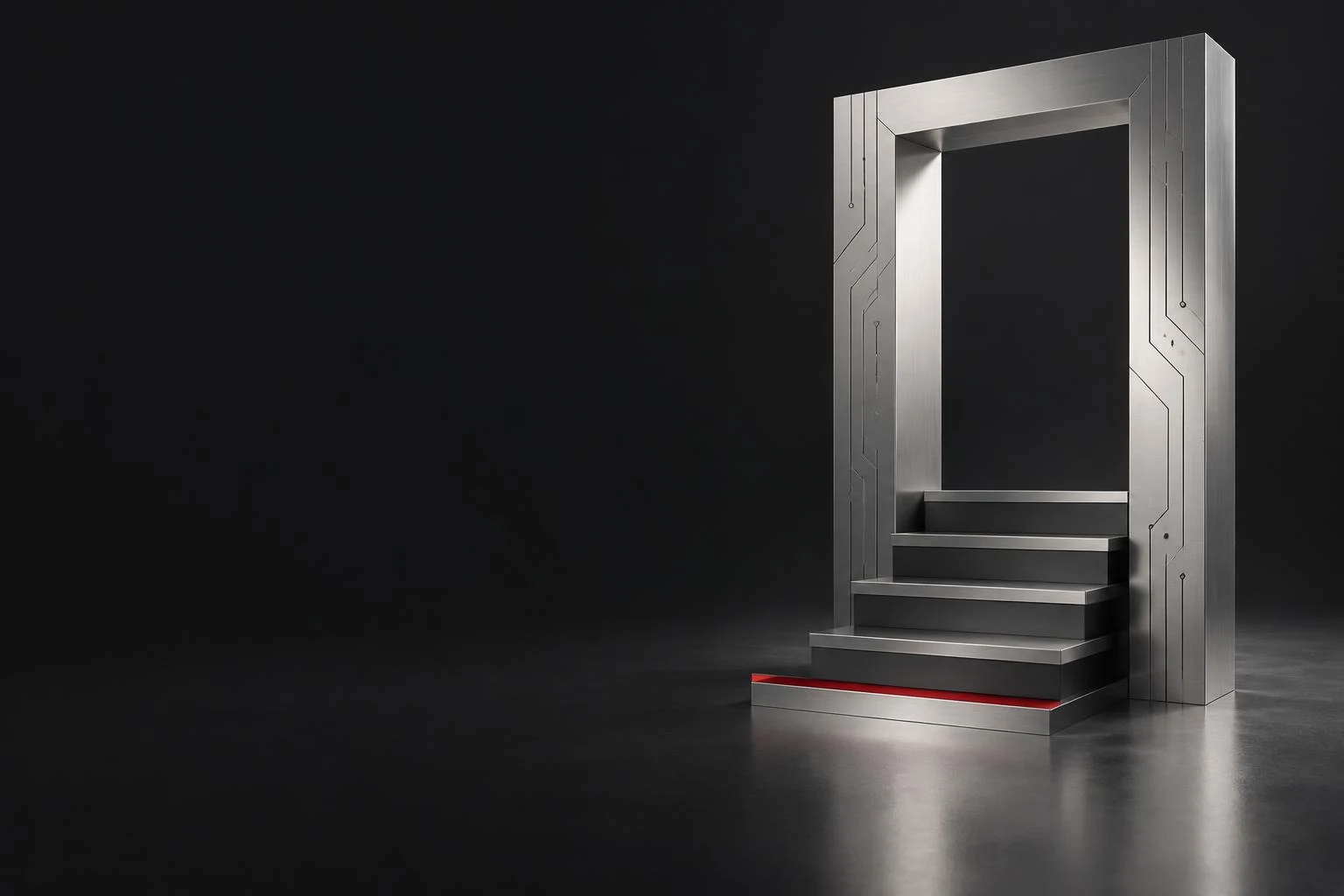 A silver architectural gateway with graphite steps and a red threshold