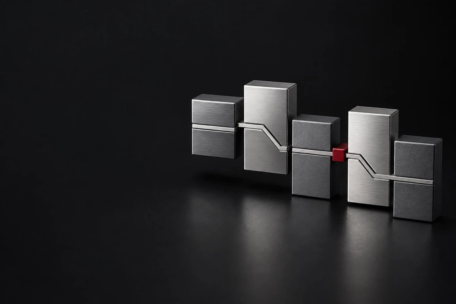 Five connected silver and graphite modules representing a structured business transformation