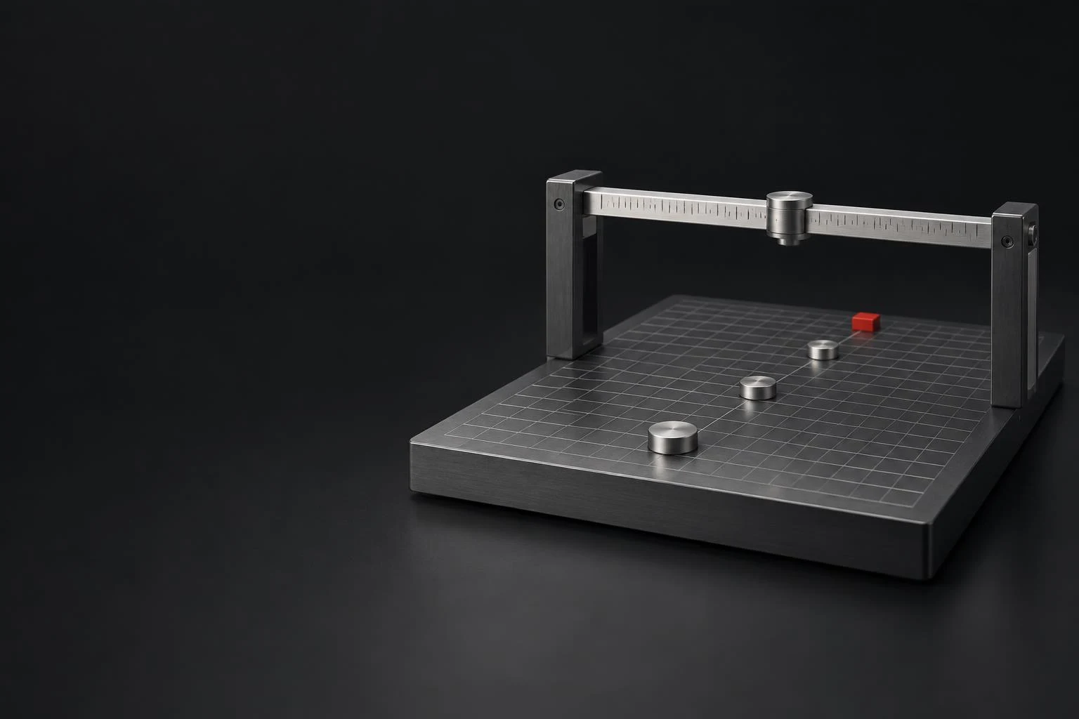 A precision silver assessment bridge above a graphite grid and red focal marker