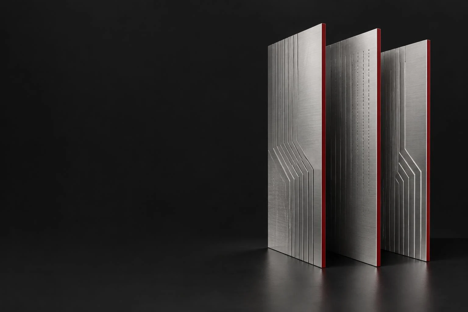 Sculptural silver folios with engraved data traces and fine red edges