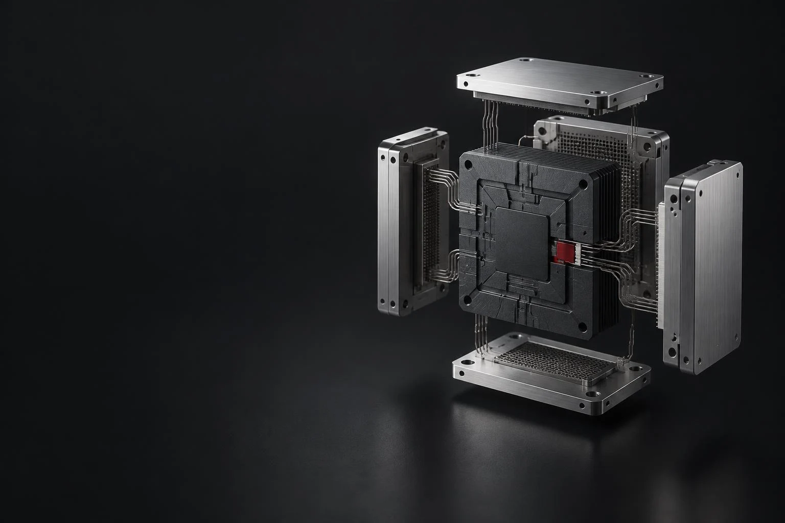 An exploded graphite assembly with precision silver components and a red connection